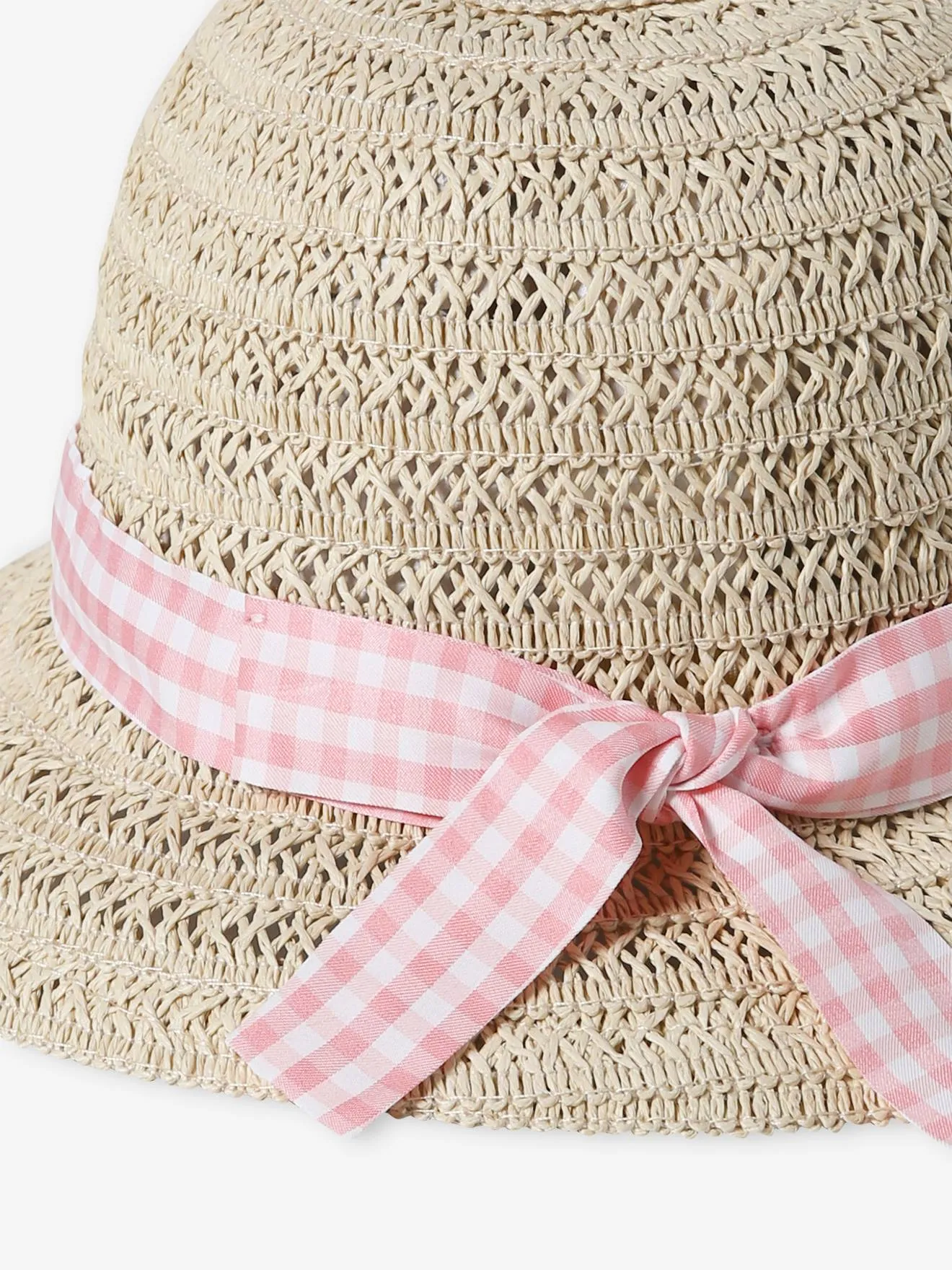 Chapeau en paille de papier et ruban vichy bébé fille écru - Vertbaudet