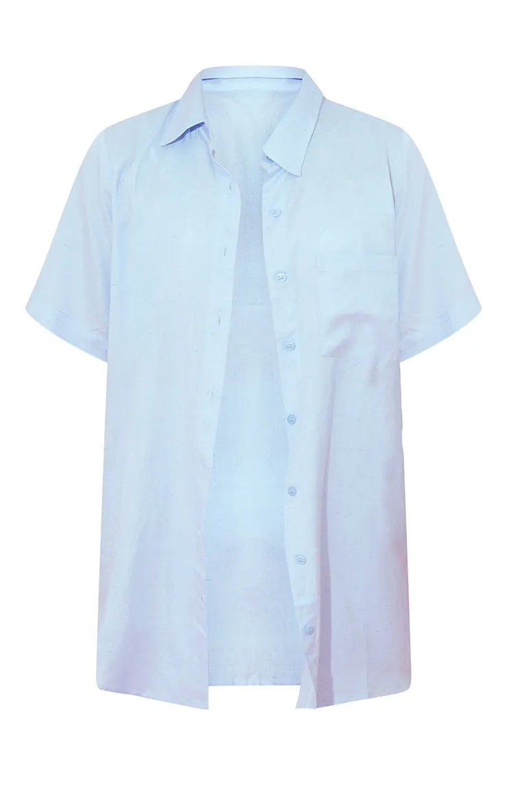Chemise oversize effet lin bleu pâle à manches courtes