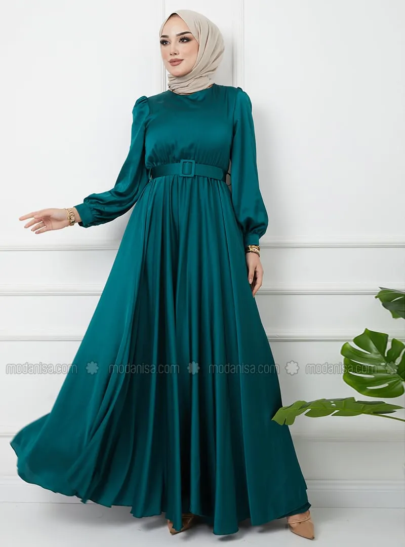 Flared Satin Hijab Evening Dress With Belt Accessories Green