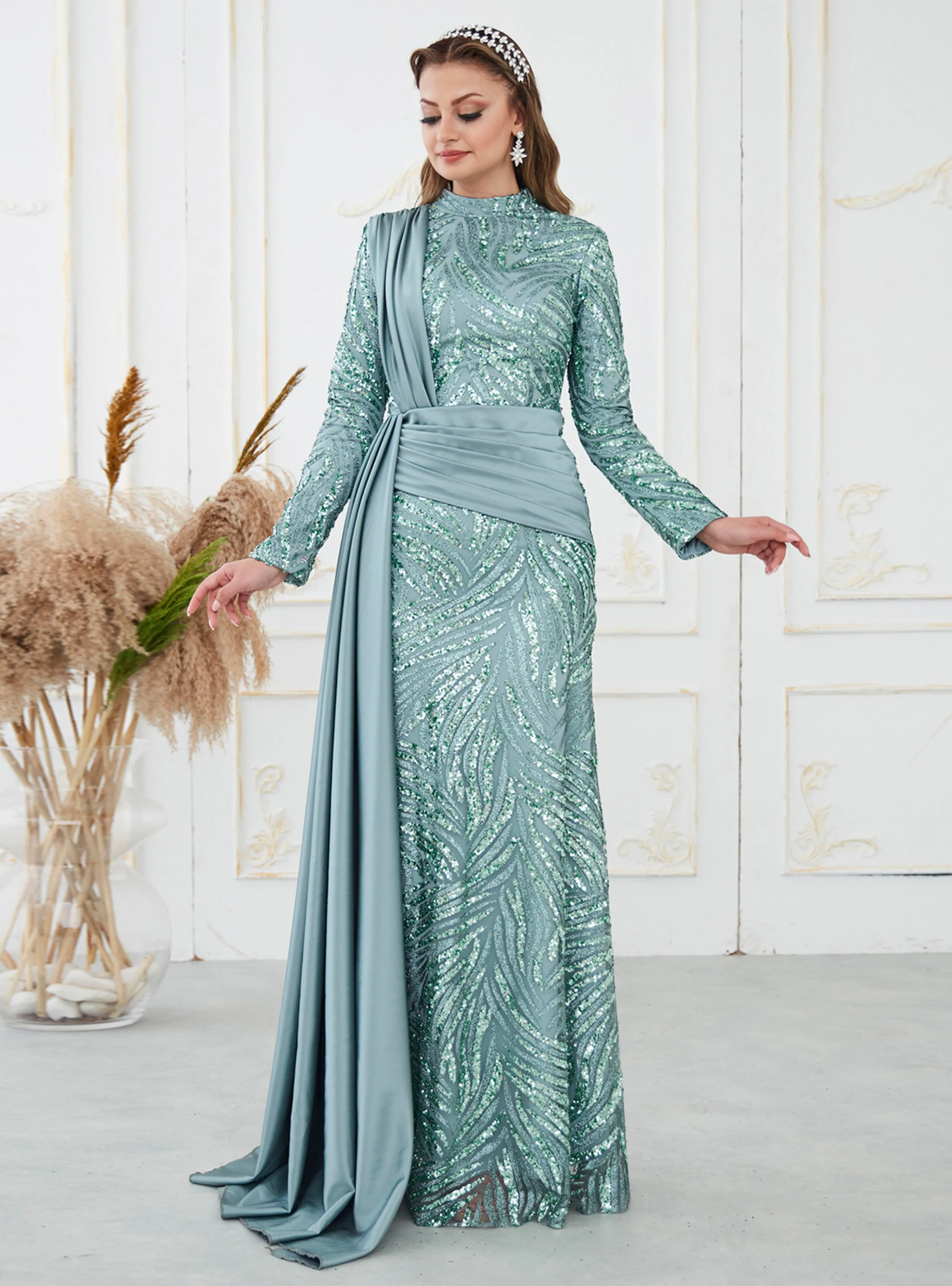 Mint Green - Fully Lined - Dog collar - Modest Evening Dress