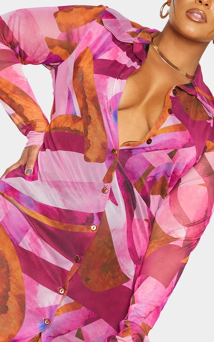 Plus Robe chemise rose imprimé abstrait en mesh boutonnée
