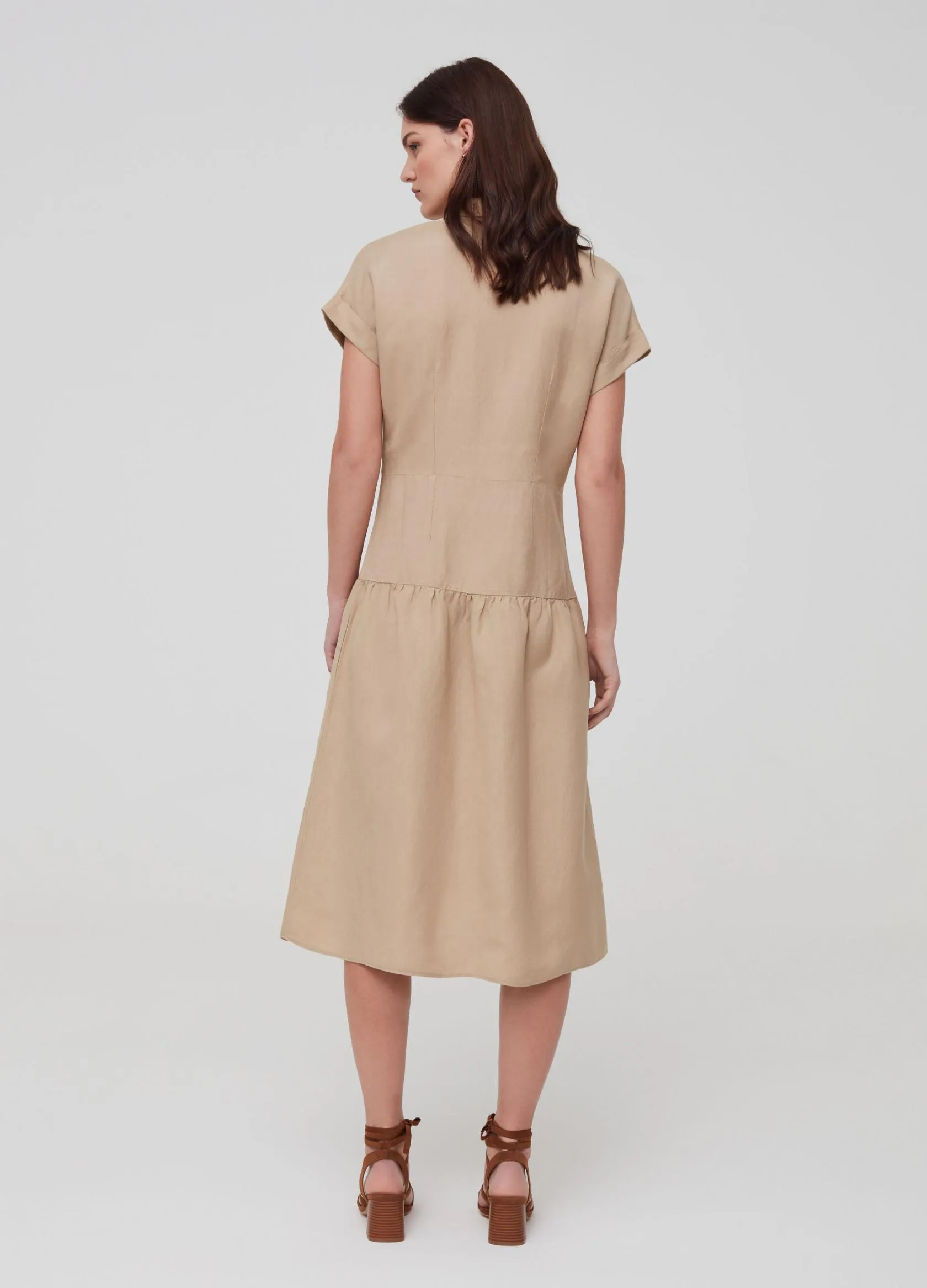 Robes Femme | Solid colour dress in linen and viscose Beige | OVS