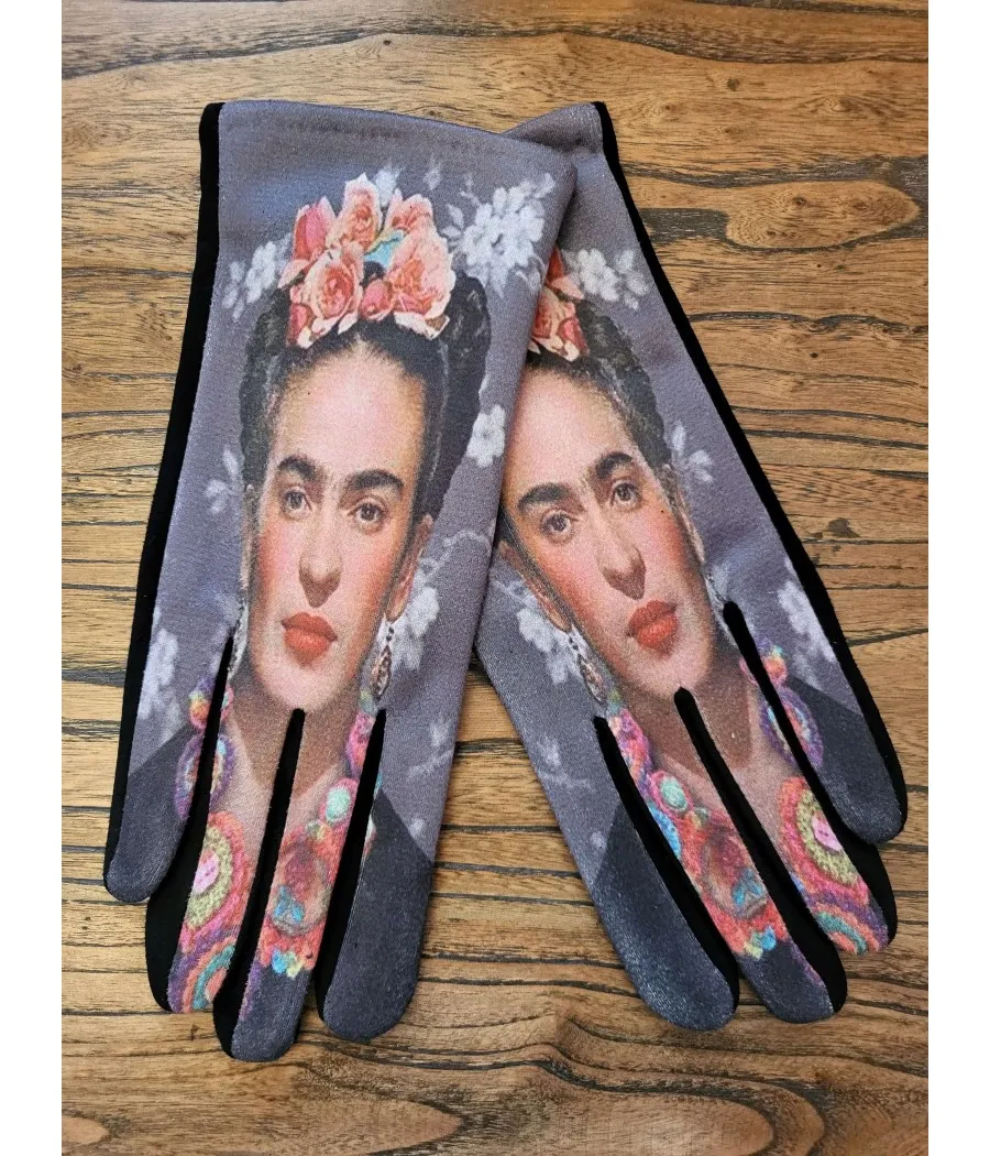 SANTAIA GANTS DOUX CHAUD GRIS PORTRAIT FRIDA KAHLO FLEUR VELOURS LAINE