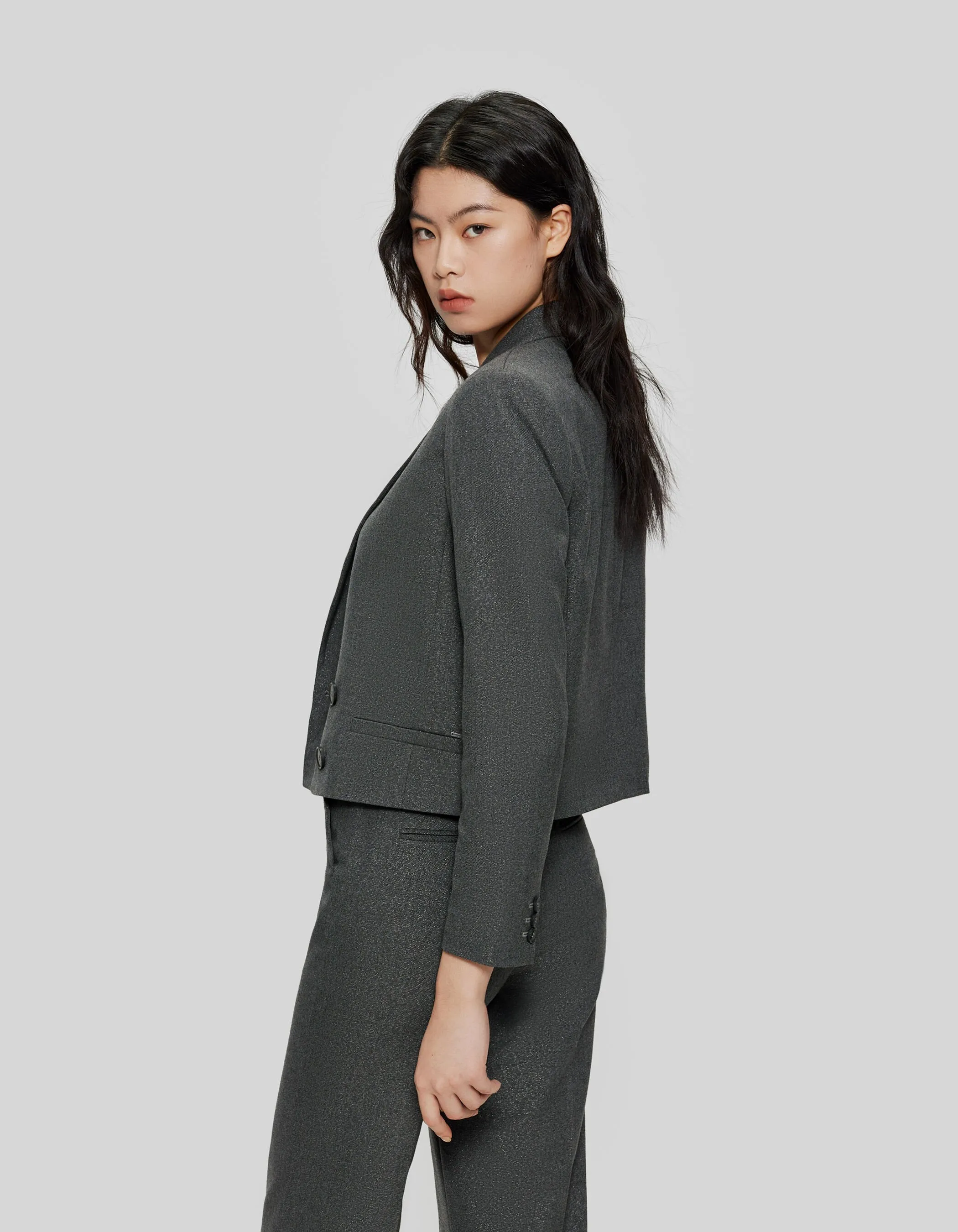 Veste de costume courte grise paillettée Femme